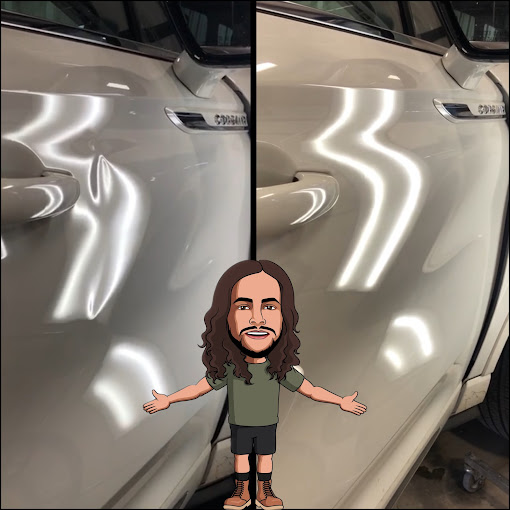 Before and after dent repair on a silver SUV door