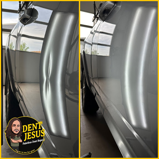 Before and after dent repair on a silver vehicle quarter panel