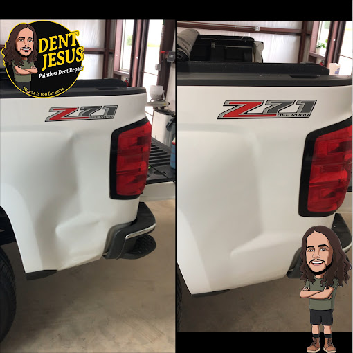 Before and after dent repair on a white truck bed