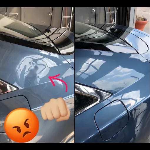 Hail damage repair on blue car door before and after — Oklahoma City